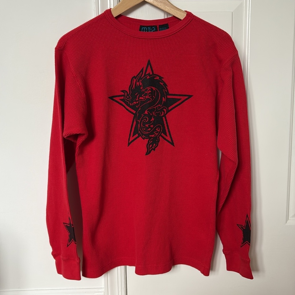MT:2 Vintage red dragon star waffle knit thermal red shirt large men women